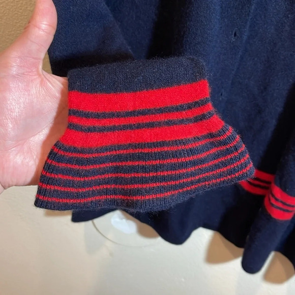 Madeleine Thompson 100% Cashmere Cardigan Blue Red Striped Ruffles size Medium - Picture 8 of 9